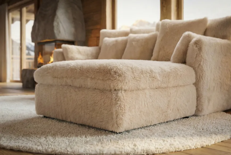 Großer Sitzhocker YETI 100cm beige sand Shaggy-Stoff langfloriger Plüsch Sofahocker