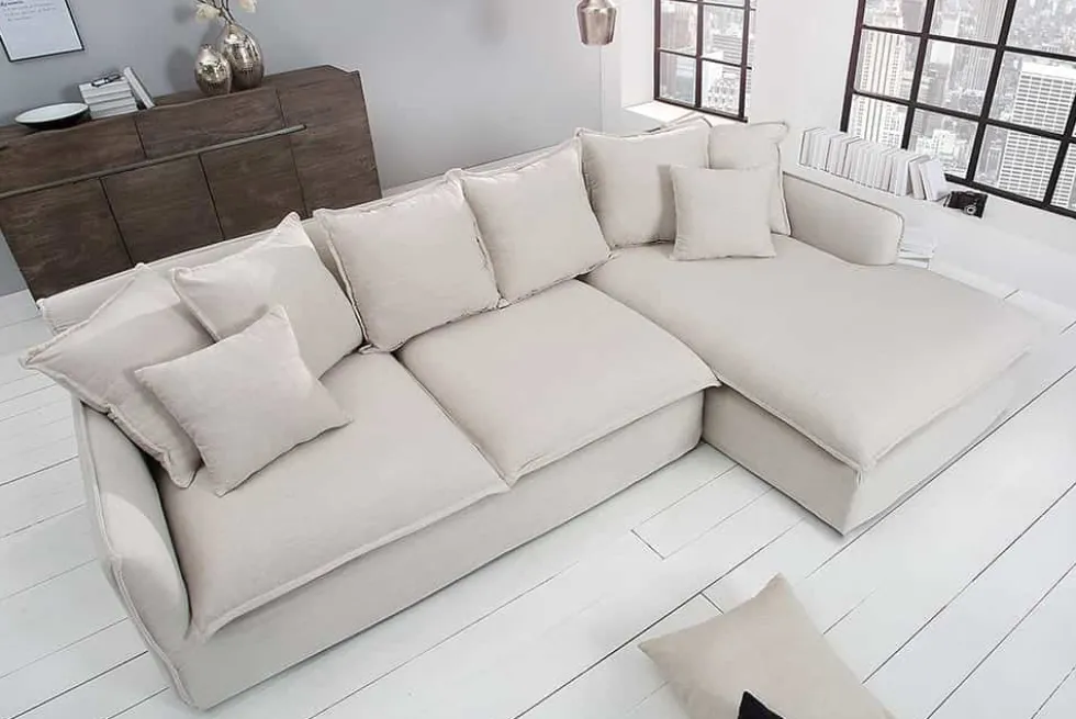 Großes Ecksofa HEAVEN 255cm natur beige Leinenstoff Federkern inkl. Kissen