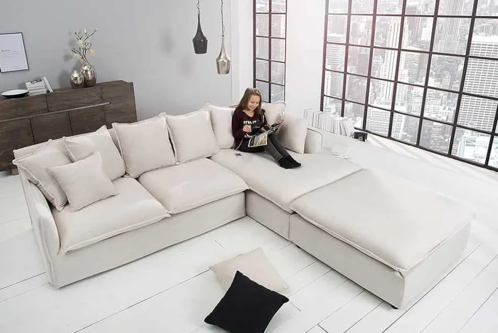 Großes Ecksofa HEAVEN 255cm natur beige Leinenstoff Federkern inkl. Kissen