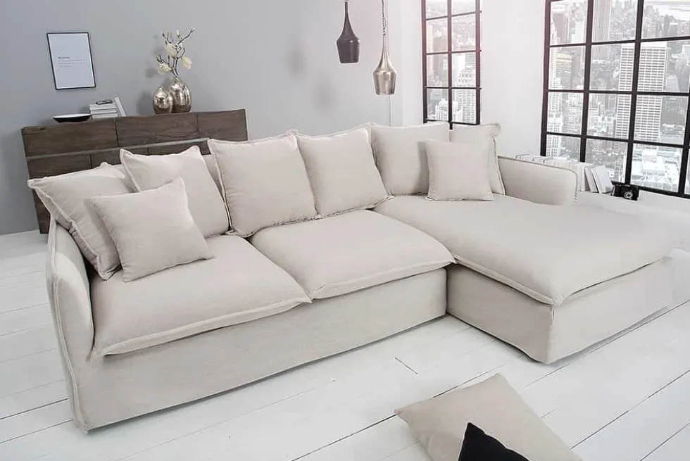 Großes Ecksofa HEAVEN 255cm natur beige Leinenstoff Federkern inkl. Kissen