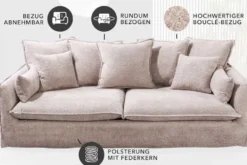 Großes 3-Sitzer Sofa HEAVEN 200cm champagner beige Bouclé Federkern Hussensofa