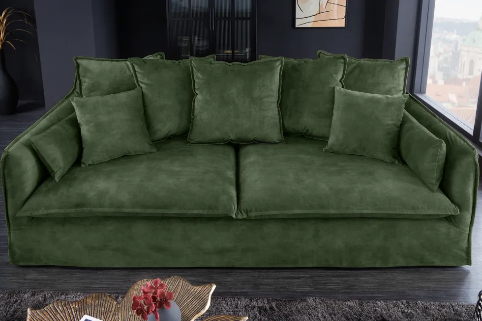 Großes 3-Sitzer Sofa HEAVEN 200cm dunkelgrün Samt Federkern waschbarer Bezug Hussensofa Couch