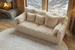 Großes 3-Sitzer Sofa YETI 200cm beige sand langfloriger Plüsch Shaggy-Stoff