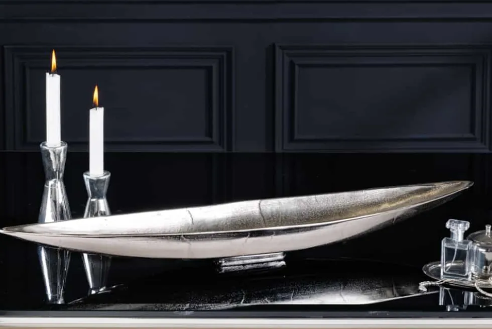 Handgearbeitete Deko Schale SILVER LEAF 80cm silber Aluminium