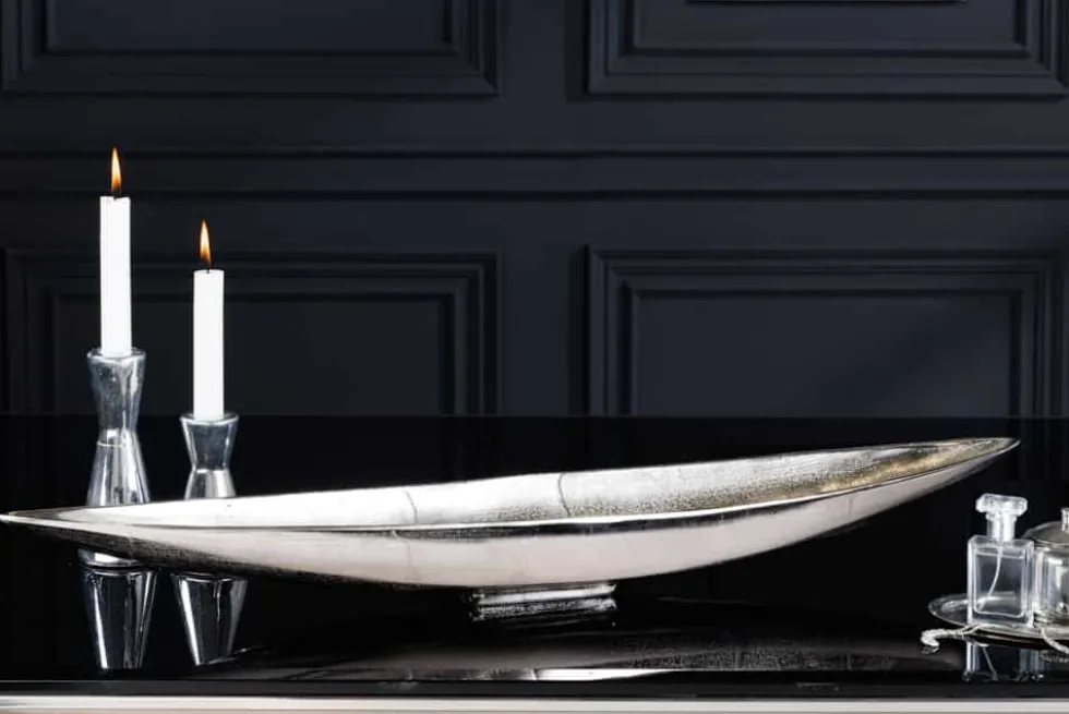 Handgearbeitete Deko Schale SILVER LEAF 80cm silber Aluminium