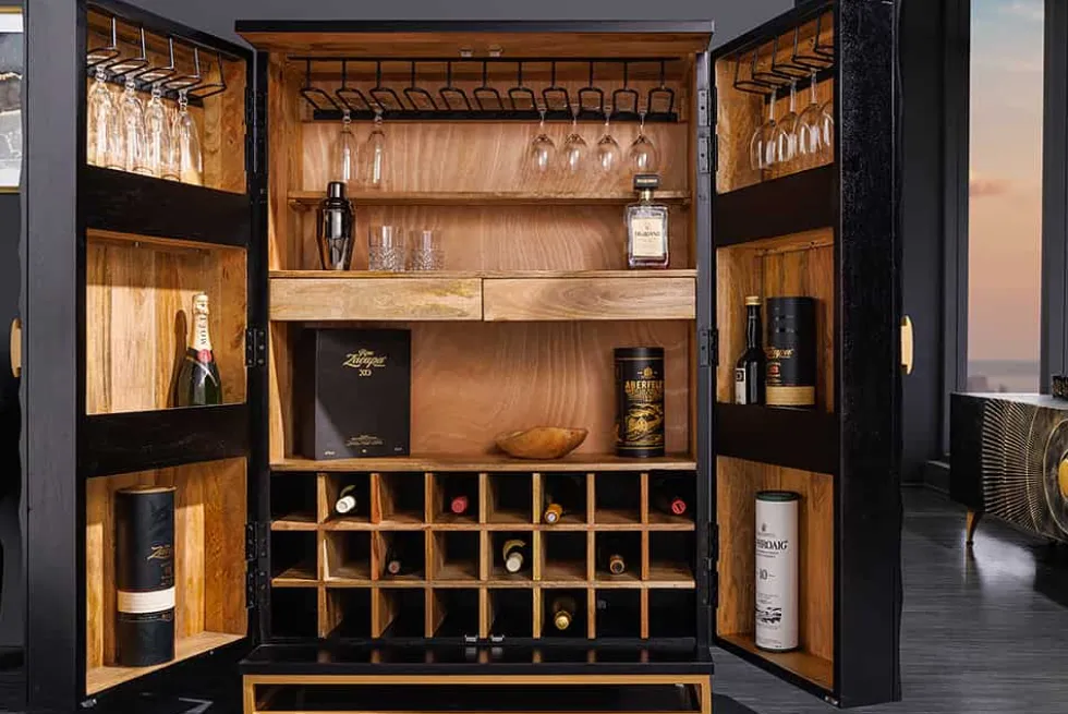 Handgearbeiteter Barschrank GOLDEN SUNSET 140cm schwarz gold Mangoholz massiv