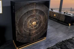 Handgearbeiteter Barschrank GOLDEN SUNSET 140cm schwarz gold Mangoholz massiv