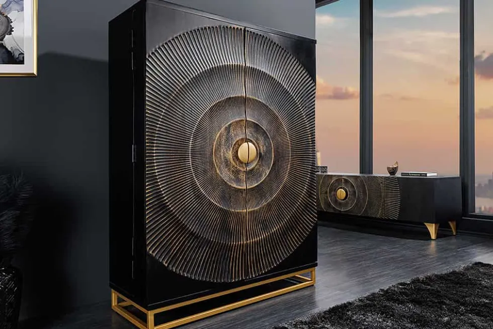 Handgearbeiteter Barschrank GOLDEN SUNSET 140cm schwarz gold Mangoholz massiv