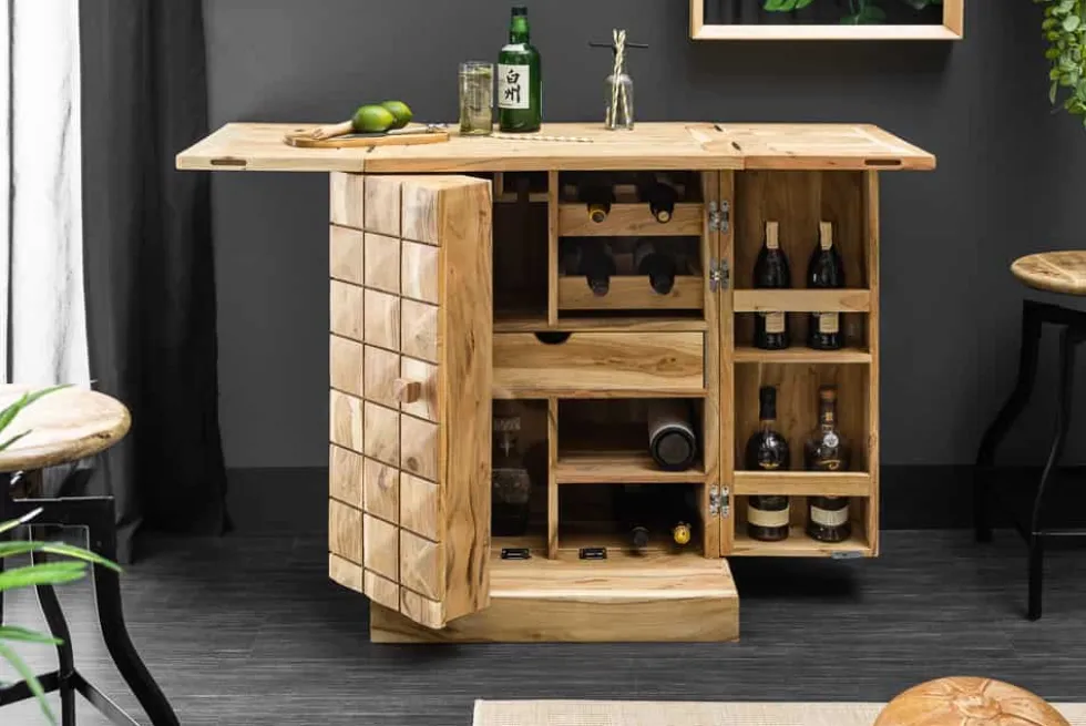 Handgearbeiteter Barschrank MOSAICO 130cm Akazie Massivholz 3D Effekt
