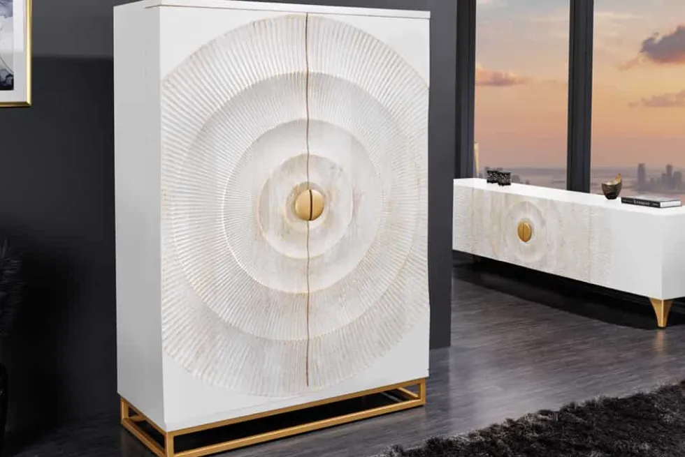 Handgearbeiteter Barschrank GOLDEN SUNSET 140cm weiß gold Mangoholz massiv