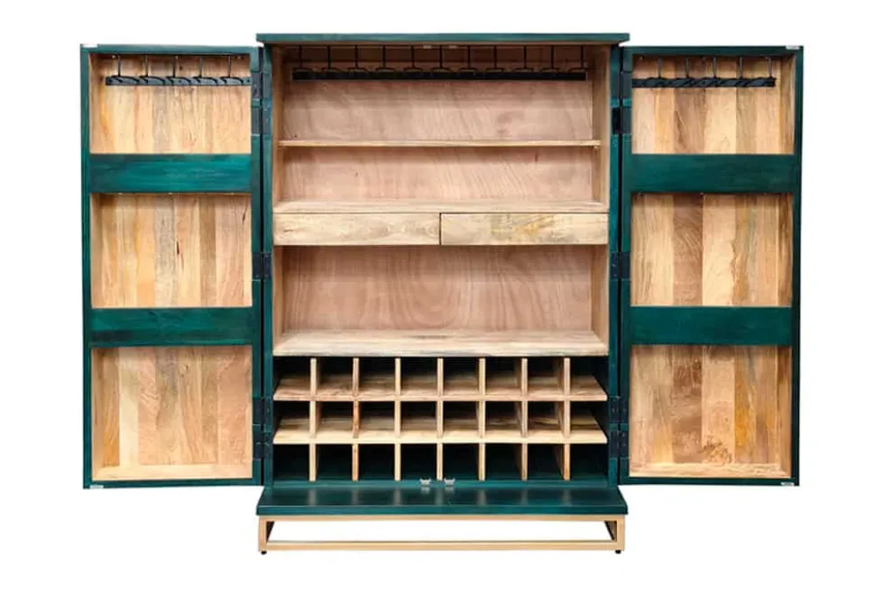 Handgearbeiteter Barschrank GOLDEN SUNSET 140cm türkis Mangoholz massiv