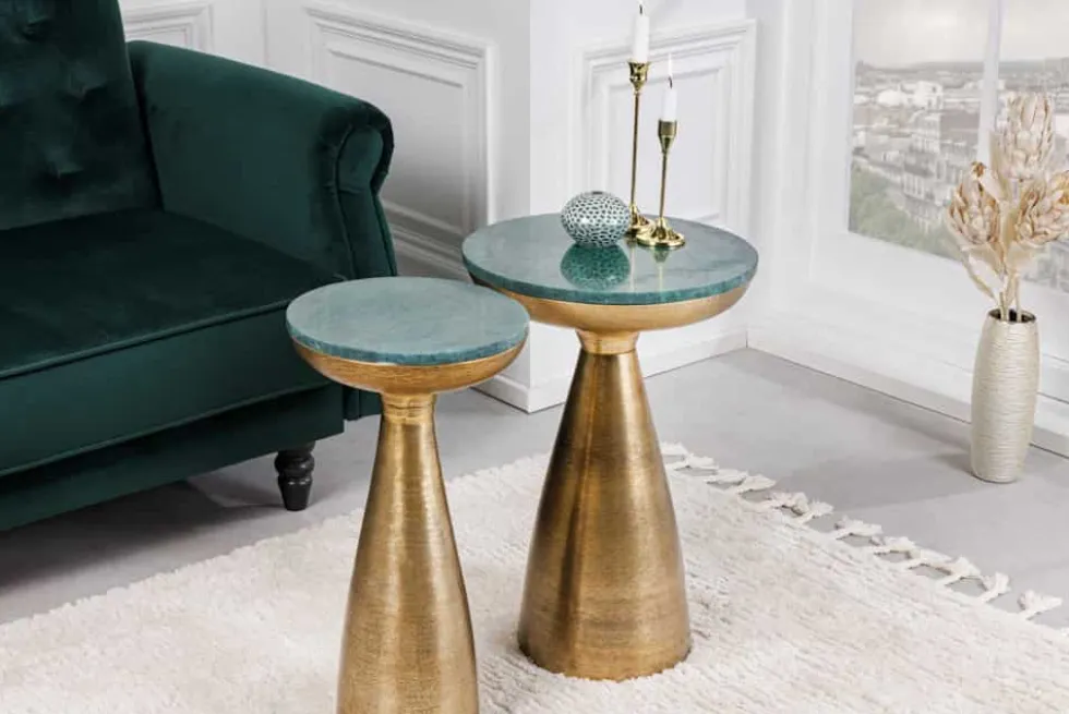 Handgearbeiteter Beistelltisch ELEMENTS 60cm gold grün Marmor rund