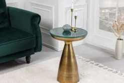 Handgearbeiteter Beistelltisch ELEMENTS 60cm gold grün Marmor rund