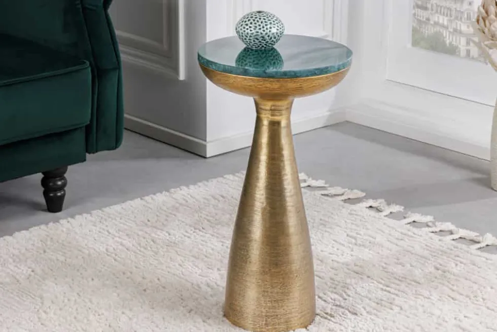 Handgearbeiteter Beistelltisch ELEMENTS 55cm gold grün Marmor rund