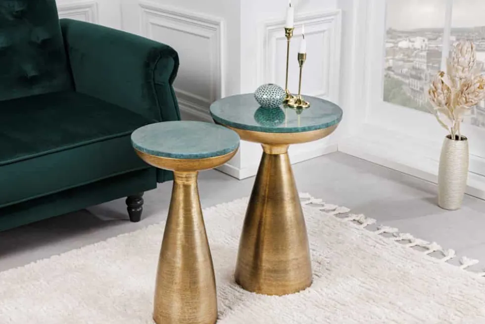 Handgearbeiteter Beistelltisch ELEMENTS 55cm gold grün Marmor rund