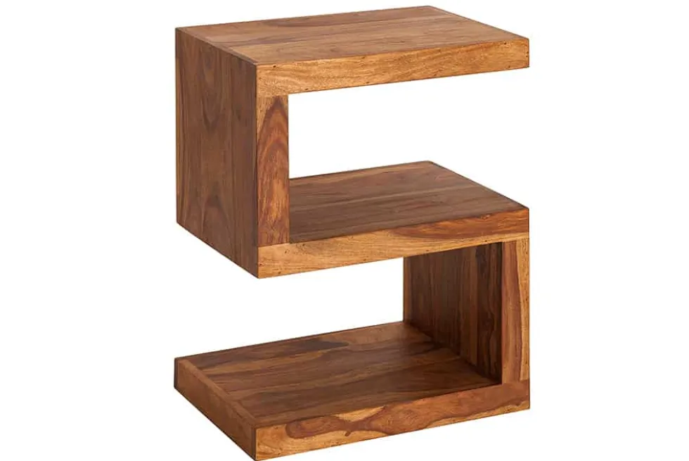 Handgearbeiteter Beistelltisch S 60cm braun Sheesham Massivholz stone finish Ablage