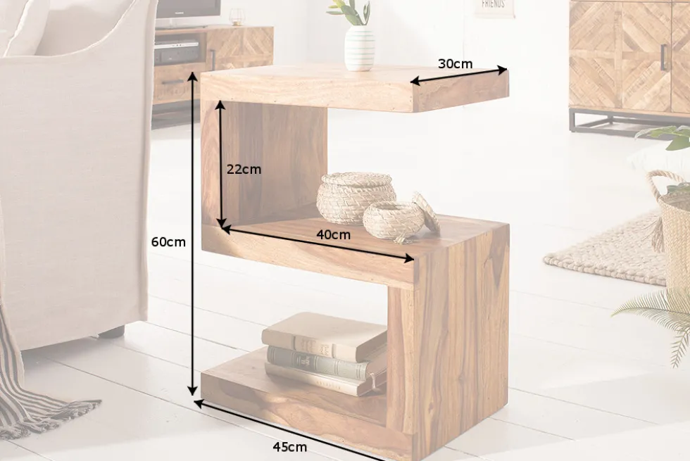 Handgearbeiteter Beistelltisch S 60cm braun Sheesham Massivholz stone finish Ablage