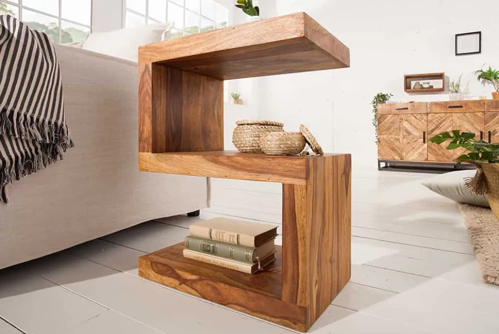Handgearbeiteter Beistelltisch S 60cm braun Sheesham Massivholz stone finish Ablage