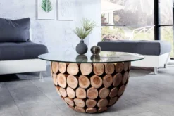 Handgearbeiteter Couchtisch PURE NATURE 70cm Teak Massivholz rund mit Glasplatte