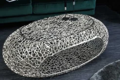 Handgearbeiteter Couchtisch ORGANIC 120cm silber Metall Blatt-Design mit Stauraum