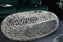 Handgearbeiteter Couchtisch ORGANIC 120cm silber Metall Blatt-Design mit Stauraum