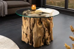 Handgearbeiteter Couchtisch RIVERSIDE 60cm Teakholz runde Glasplatte Massivholz