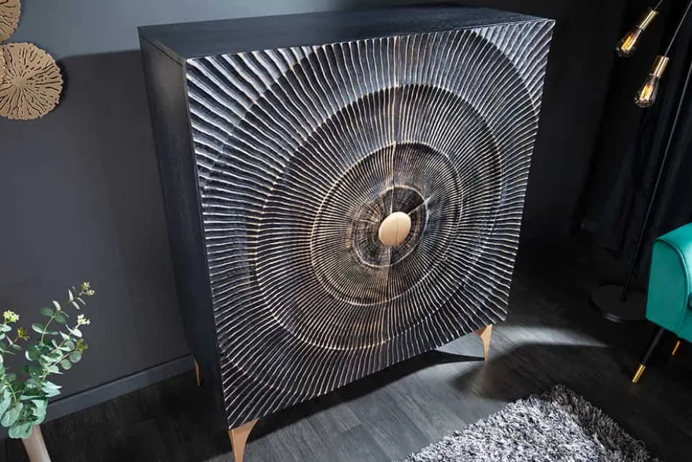 Handgearbeitetes Highboard GOLDEN SUNSET 120cm mit 3D Schnitzereien schwarz gold Mangoholz