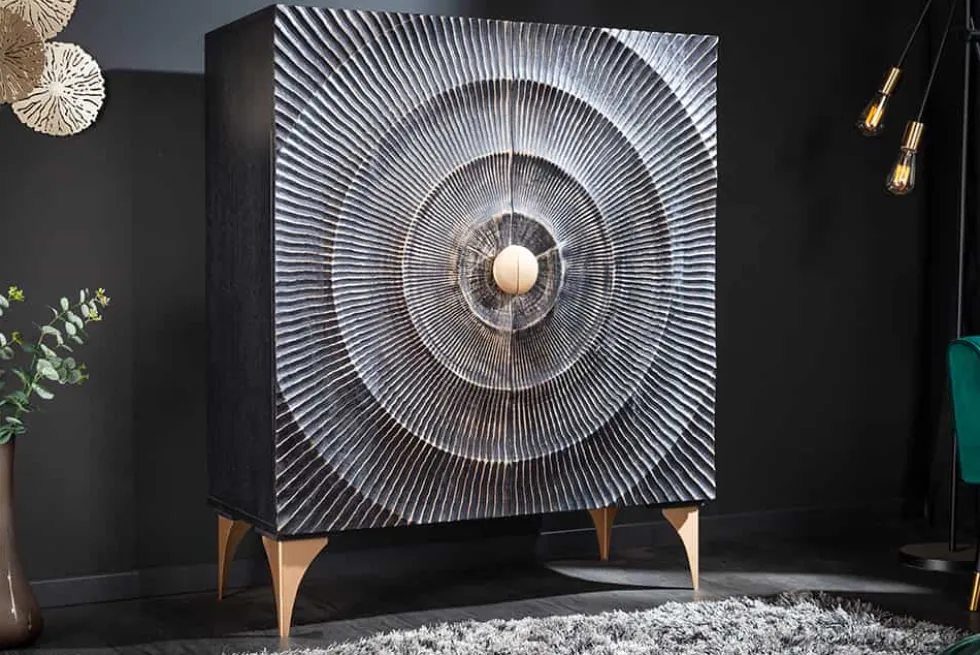 Handgearbeitetes Highboard GOLDEN SUNSET 120cm mit 3D Schnitzereien schwarz gold Mangoholz