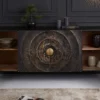 Handgearbeitetes Sideboard GOLDEN SUNSET 180cm schwarz mit 3D Schnitzereien gold Mangoholz Metallbeine
