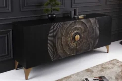 Handgearbeitetes Sideboard GOLDEN SUNSET 180cm schwarz mit 3D Schnitzereien gold Mangoholz Metallbeine