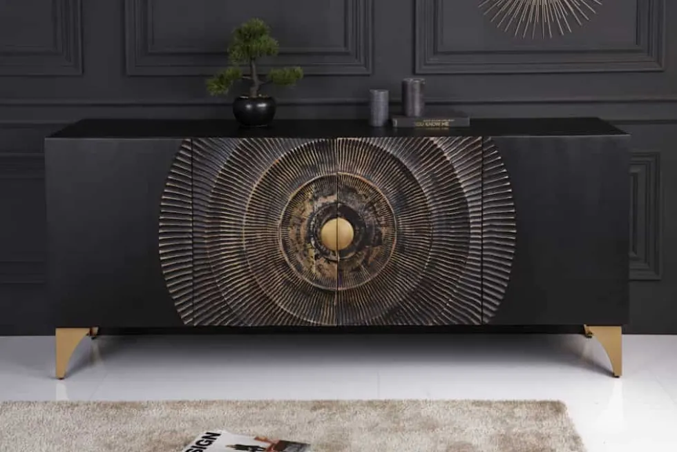Handgearbeitetes Sideboard GOLDEN SUNSET 180cm schwarz mit 3D Schnitzereien gold Mangoholz Metallbeine