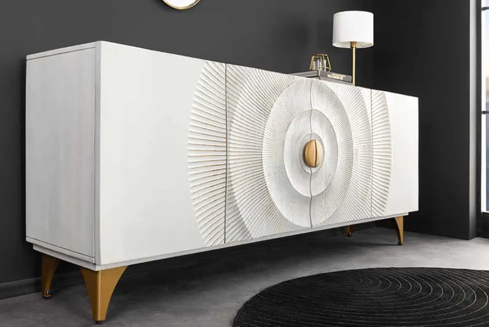 Handgearbeitetes Sideboard GOLDEN SUNSET 180cm weiß gold Mangoholz Metallbeine