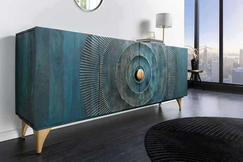 Handgearbeitetes Sideboard GOLDEN SUNSET 180cm türkis gold Mangoholz Metallbeine