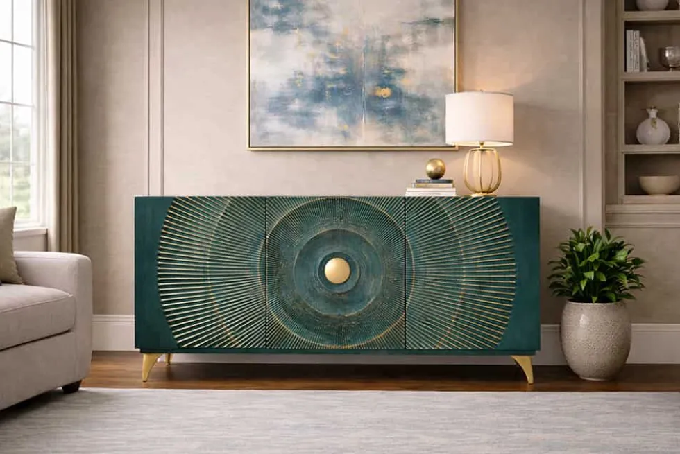 Handgearbeitetes Sideboard GOLDEN SUNSET 140cm türkis mit 3D Schnitzereien gold Mangoholz Metallbeine