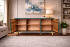 Handgearbeitetes Sideboard GOLDEN SUNSET 140cm türkis mit 3D Schnitzereien gold Mangoholz Metallbeine