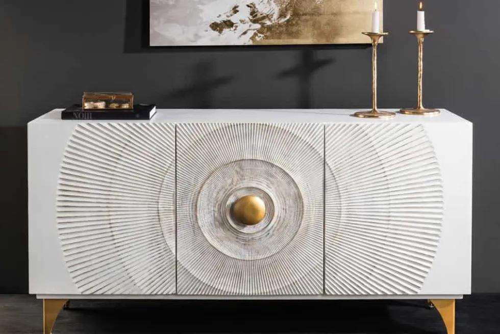 Handgearbeitetes Sideboard GOLDEN SUNSET 140cm weiß mit 3D Schnitzereien gold Mangoholz Metallbeine