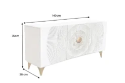 Handgearbeitetes Sideboard GOLDEN SUNSET 140cm weiß mit 3D Schnitzereien gold Mangoholz Metallbeine