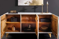 Handgearbeitetes Sideboard GOLDEN SUNSET 140cm weiß mit 3D Schnitzereien gold Mangoholz Metallbeine