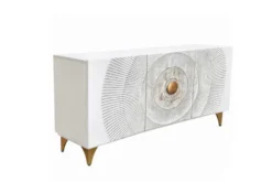 Handgearbeitetes Sideboard GOLDEN SUNSET 140cm weiß mit 3D Schnitzereien gold Mangoholz Metallbeine