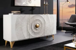 Handgearbeitetes Sideboard GOLDEN SUNSET 140cm weiß mit 3D Schnitzereien gold Mangoholz Metallbeine