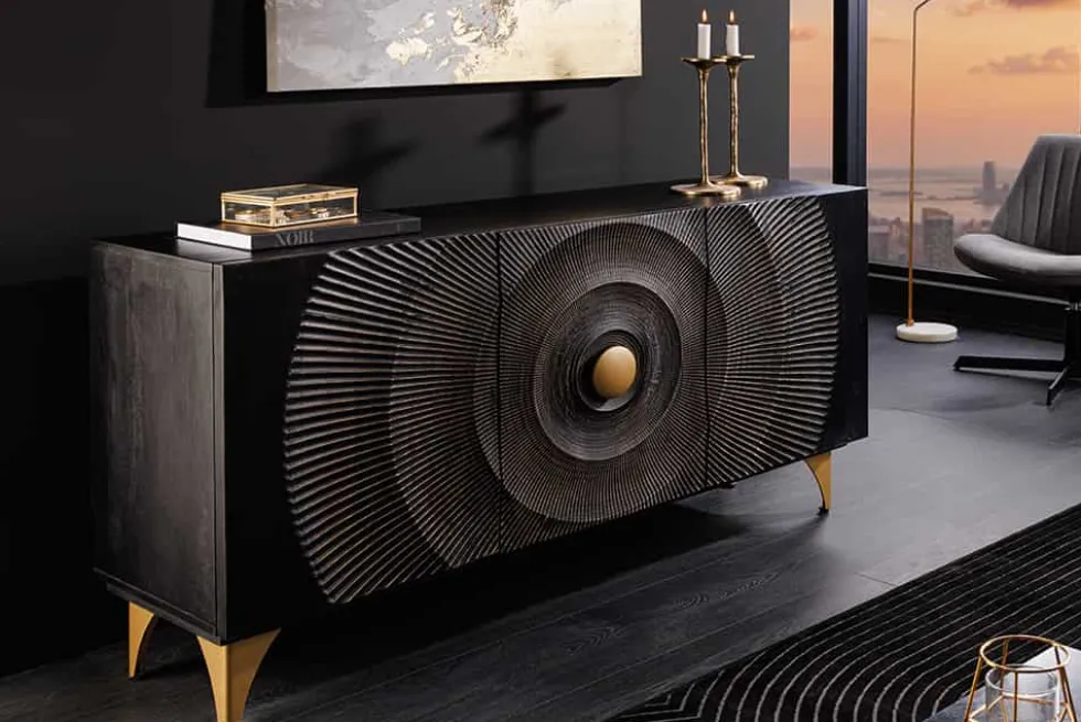 Handgearbeitetes Sideboard GOLDEN SUNSET 140cm schwarz mit 3D Schnitzereien gold Mangoholz Metallbeine