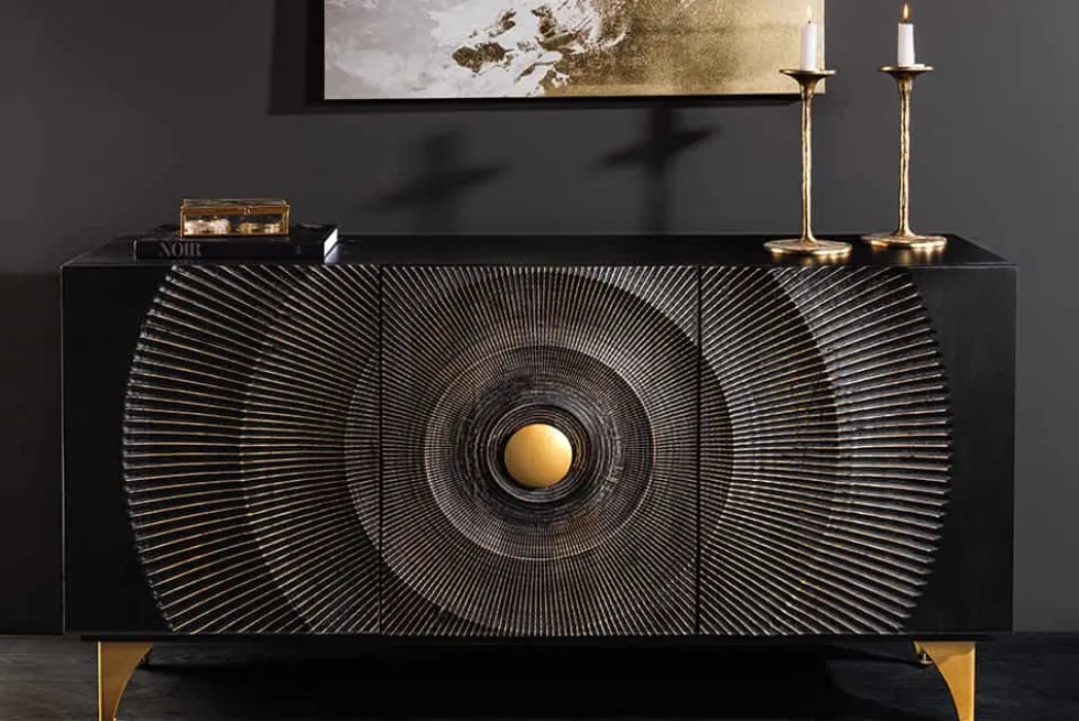 Handgearbeitetes Sideboard GOLDEN SUNSET 140cm schwarz mit 3D Schnitzereien gold Mangoholz Metallbeine