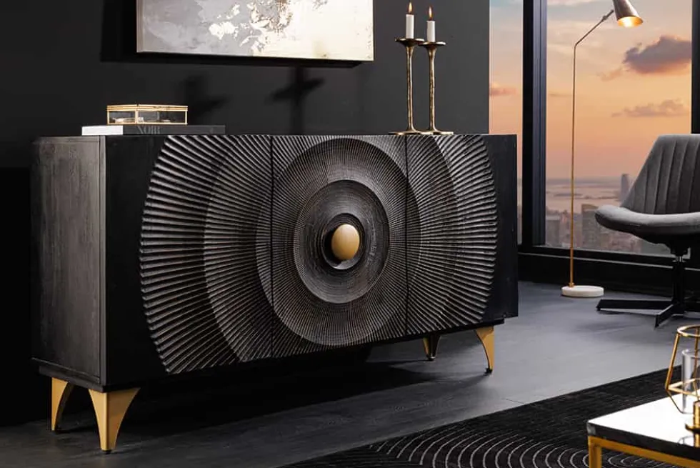 Handgearbeitetes Sideboard GOLDEN SUNSET 140cm schwarz mit 3D Schnitzereien gold Mangoholz Metallbeine