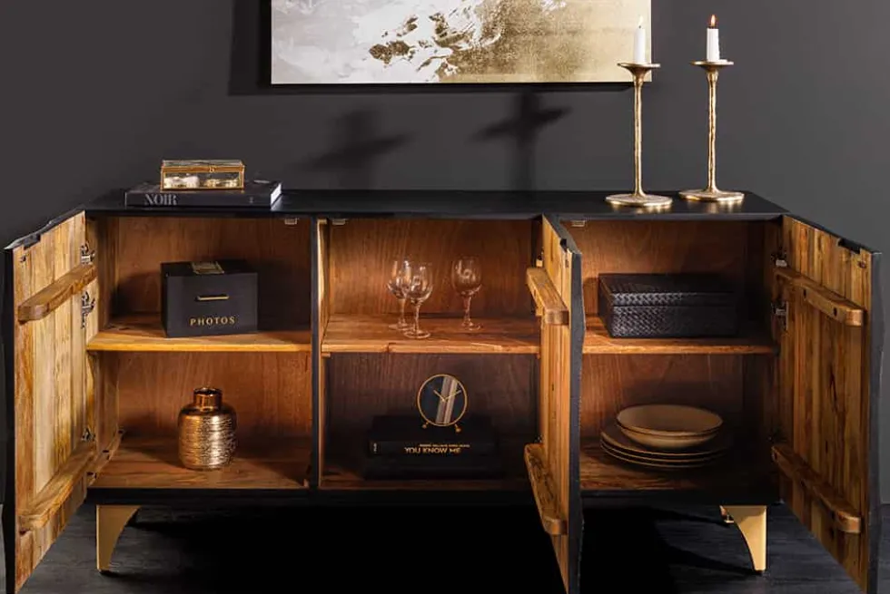 Handgearbeitetes Sideboard GOLDEN SUNSET 140cm schwarz mit 3D Schnitzereien gold Mangoholz Metallbeine