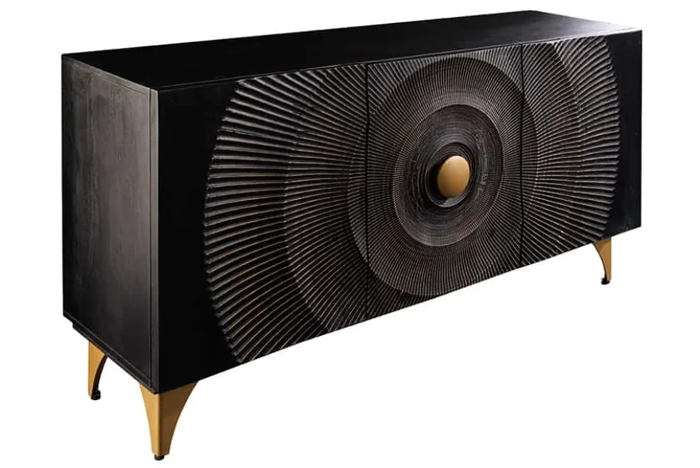 Handgearbeitetes Sideboard GOLDEN SUNSET 140cm schwarz mit 3D Schnitzereien gold Mangoholz Metallbeine