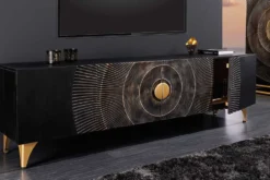 Handgearbeitetes TV-Lowboard GOLDEN SUNSET 180cm schwarz mit 3D Schnitzereien gold Mangoholz massiv Metallfüße