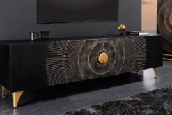 Handgearbeitetes TV-Lowboard GOLDEN SUNSET 180cm schwarz mit 3D Schnitzereien gold Mangoholz massiv Metallfüße