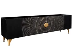 Handgearbeitetes TV-Lowboard GOLDEN SUNSET 180cm schwarz mit 3D Schnitzereien gold Mangoholz massiv Metallfüße