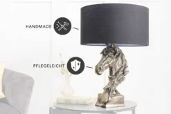 Handgearbeitete Tischlampe CABALLO 60cm silber schwarz Metall Baumwolle Pferde-Skulptur