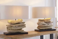 Handgearbeitete Treibholz Lampe RIVERINE 55cm creme Leinenschirm Tischleuchte
